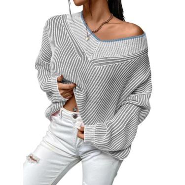 Imagem de Suéter feminino Cakulo, outono de 2024, listrado, grande, com decote e