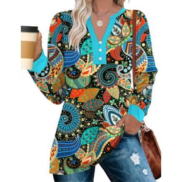 Imagem de Camisa térmica casual feminina com decote em V e manga comprida da Top