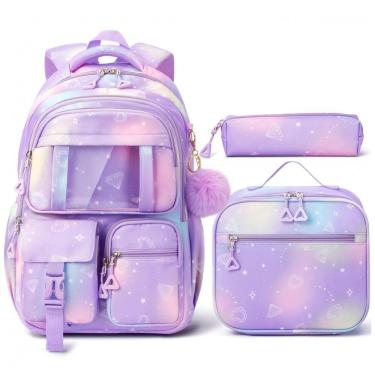 Imagem de Mochila escolar Fimibuke roxa 3 em 1 com lancheira térmica e estojo para notebook até 15,6"