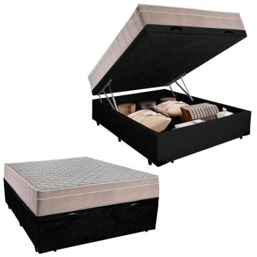 Imagem de Cama Box Baú Casal Suede + Colchão SerenePrime  Molas Ensacadas 138x188x69 Preto