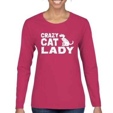 Imagem de Crazy Cat Lady Camiseta feminina manga longa divertida amante de gatinhos animais de estimação mãe feline rainha miau gatos humor mamãe sarcástica, Rosa choque, G