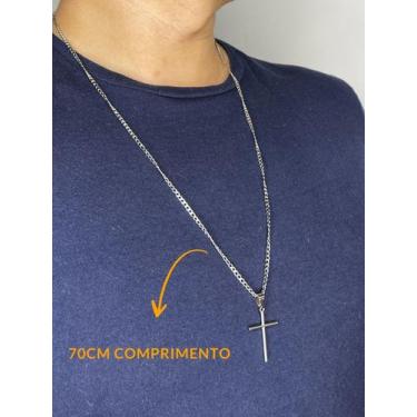Imagem de Cordão Corrente 70cm 60cm Masculino Pingente Cruz Palito Prata Aço Ino