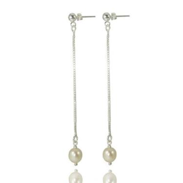 Imagem de Brinco Perola Natural Longo Veneziana Bolinha Prata Lei 925 - Lojas La