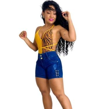 Imagem de Short Jeans Feminino Cintura Alta Meia Coxa Detalhe em Ilhós com Lycra