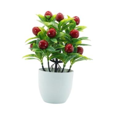 Imagem de WeiLaiKeQi Árvore frutífera falsa plantas de frutas artificiais bensai de mesa com panela branca flores falsas planta mini planta falsa para janela, Cerejas