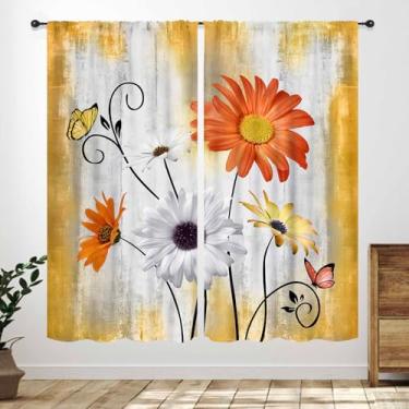 Imagem de Cortinas de margarida de madeira, rústica, retrô, laranja, floral, fazenda, primavera, borboleta, planta, fazenda, cortinas, tratamento para quarto, sala de estar, banheiro, 53 cm L x 114 cm, conjunto