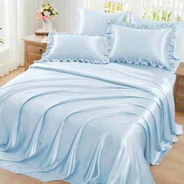 Imagem de Homiest Jogo de lençol solteiro de cetim com babados, 4 peças, azul claro com bolso profundo de 38 cm, 1 lençol de cima, 1 fronha com babados e 1 fronha, semelhante a lençóis de seda