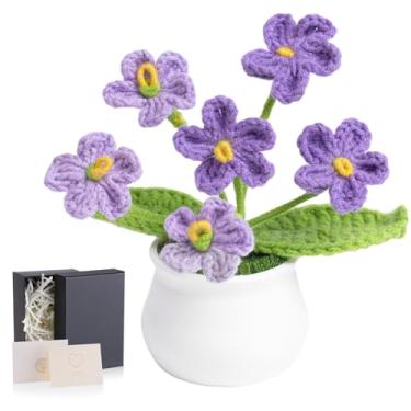 Imagem de LAIDANLA Flor de crochê Forget Me Not, mini vaso de planta roxa gradiente, presentes feitos à mão para mulheres, professores, aniversário, formatura, Natal, escritório, casa, decoração de carro
