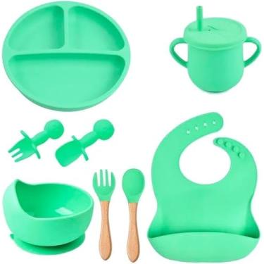 Imagem de Kit Introdução Alimentar Bebê 8 Peças Silicone - Alimentos - Livre de BPA - Antibacteriano - Seguro Sem Pontas - Colher, Garfo, Copinho, Pote e Pratinho Bebês e Crianças - Cores variadas! (Verde)