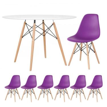 Imagem de Mesa Redonda 120 Cm Branco + 6 Cadeiras Roxo