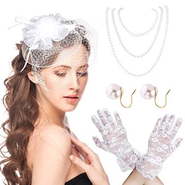 Imagem de Yewong Chapéu Fascinators para mulheres festa chá faixa de cabelo caixa de comprimidos Kentucky Derby chapéu flor coquetel malha penas clipe de cabelo luvas colar de pérolas (branco-1)