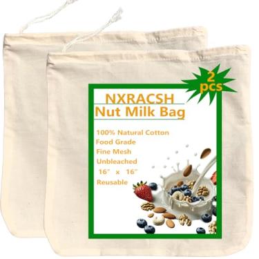 Imagem de Pacote com 2 sacos de leite de nozes XXL 40,6 cm x 40,6 cm - Panos de queijo de algodão natural cru | Coador de gaze reutilizável para leite de amêndoa/aveia/soja, suco, café frio, iogurte, vinho