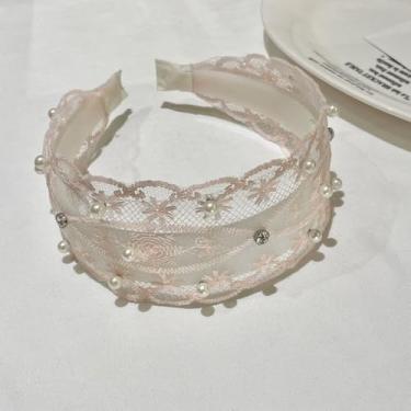 Imagem de Faixa de cabelo floral pérola para mulheres com dentes antiderrapante, banda larga, design de renda acrílica para pentear, cobertura da linha do cabelo, uso diário da roupa