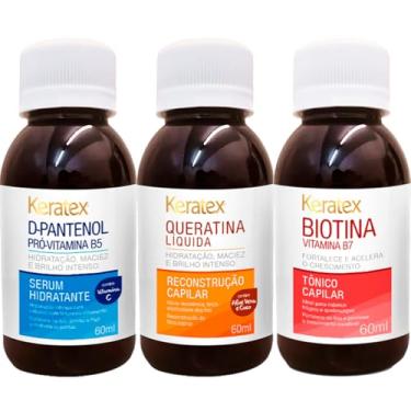 Imagem de Kit Tratamento Capilar, 3 Produtos 60ml, Queratina Líquida, D-Pantenol e Biotina, Tratamento Reconstrutor e Hidratante com Aloe Vera para Fortalecimento e Crescimento dos Cabelos Keratex