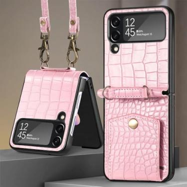 Imagem de Cartões Solt Couro Crossbody Lanyard Case para Samsung Galaxy Z Flip 5 4 5G Flip4 Flip5 Padrão Stand Capa Carteira, Rosa, para Galaxy Z Flip 4