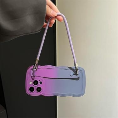 Imagem de Capa com alça de pulso gradiente de duas cores para iPhone 16, 15, 14, 13 Pro Max, 16e, 12, 11 X, Xr, Xs, 8, 7 Plus, SE Wave, capa com suporte para pulseira (para iPhone 13 Pro Max/roxo, cinza, G