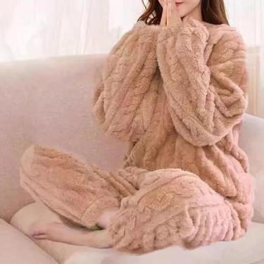 Imagem de Conjunto De Pijamas Femininos De Fleece Grosso Com Manga Longa E Calça