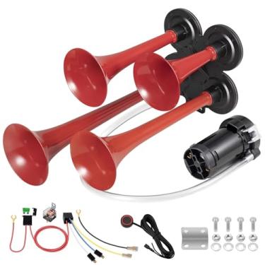 Imagem de BANHAO Buzina de ar de caminhão 180dB 4 buzinas de trompete kit de buzina de trem para caminhão 12V super alto para picape/motorhome/SUV/caminhão/trem e outros veículos (4-trompete vermelho com