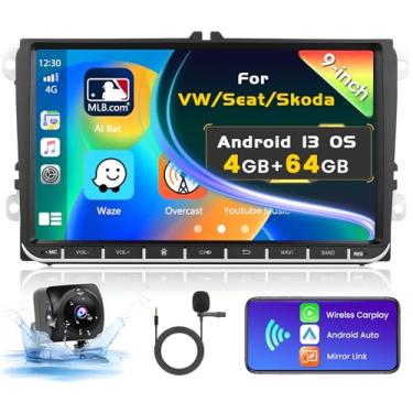 Imagem de Inefala 4 + 64 G para VW Polo Golf Caddy Touran Passat Seat Android 13 rádio estéreo para carro, tela sensível ao toque HD de 9 polegadas com carplay sem fio Android Auto WiFi, GPS BT EQ FM/RDS,