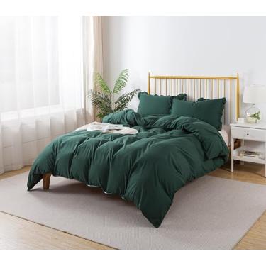 Imagem de KAIANG Capa de edredom tamanho solteiro super macia – 100% microfibra lavada, verde escuro, conjunto de 3 peças com fecho de zíper e laços nos cantos, fronha boho chique com babados (sem edredom)