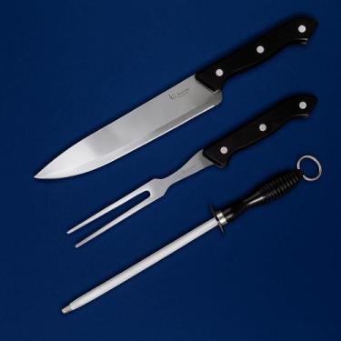 Imagem de Kit Churrasco 3 Peças em Inox  Faca, Pegador e Chaira para Cozinha e A