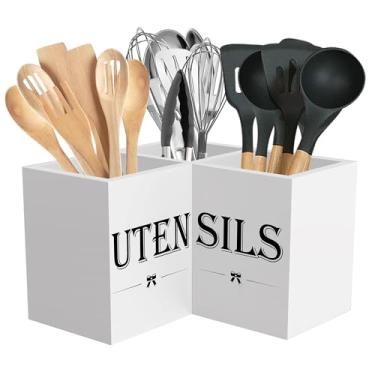Imagem de Suli Suporte de utensílios de cozinha extragrande com 3 compartimentos, suporte de utensílios de canto para bancada, organizador de utensílios de madeira para bancada de cozinha, decoração de fazenda