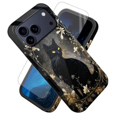 Imagem de FUYOCWE Capa para iPhone 17 Pro, gato preto com capa floral dourada com estampa lateral, protetor de tela + capa híbrida fina de camada dupla macia interna e rígida para iPhone 17 Pro de 6,3 polegadas