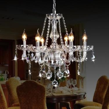 Imagem de Lustres de cristal clássico vela de cristal lustre iluminação, vintage 6 luzes pingente luminária de teto para sala de jantar quarto ilha corredor decoração de casamento D23,6 x C 47,2