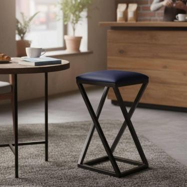 Imagem de Banqueta Industrial Baixa Assento Estofado Corino Luxo Azul