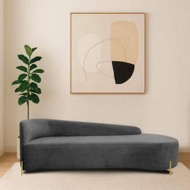 Imagem de Divã Recamier Orgânico França 180cm Lado Dir Pés Metal Dourado Linho Cor Cinza Escuro