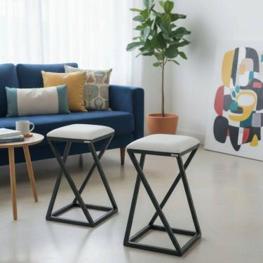 Imagem de Conjunto 2 Banquetas Banquinho De Ferro Pequena 50 Cm Altura Branco