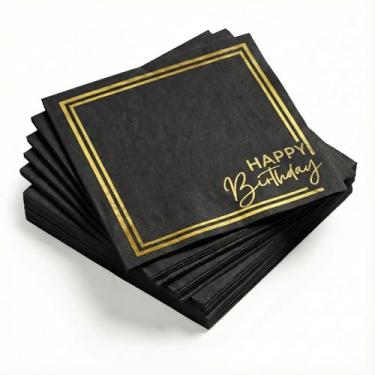 Imagem de Horaldaily Guardanapos decorativos de papel descartáveis de feliz aniversário, toalha de mão de celebração de folha dourada preta para festa, almoço, jantar, cozinha, banheiro