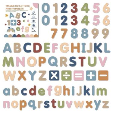 Imagem de Conjunto de letras e números magnéticos Boho com 77 peças, letras maiúsculas e minúsculas com símbolos, suporte magnético completo, ímãs decorativos de geladeira e quadro branco, decoração de casa e