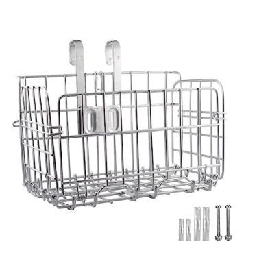 Imagem de Dynwave Cesta dianteira dobrável para bicicleta resistente à chuva, cesta de armação de bicicleta de metal resistente removível, bolsa frontal para pendurar, Prata