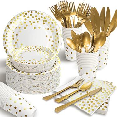 Imagem de 350 peças de suprimentos de festa branco e dourado - 50 pratos de papel dourado, garfos de plástico, facas, colheres, guardanapos brancos, copos - louça descartável para noivado, casamento, despedida