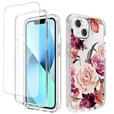 Imagem de Ueokeird Capa para iPhone 14 com protetor de tela de vidro temperado, capa protetora de corpo inteiro com estampa floral transparente para Apple iPhone 14 de 6,1 polegadas (flor roxa)
