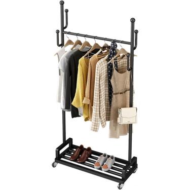 Imagem de Racks de roupas de metal Rack de roupas rolantes, cabide autônomo de rack de roupas com ganchos laterais e rodas com trava para roupas penduradas, preto, 100 cm