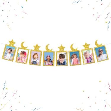 Imagem de WeBenison Banner Moon Star Banner Welcome Baby Paper Photo Frame Mensal Milestone Bunting Decorações Bebê Semeador Casamento Aniversário Imagem Banner Dourado Glitter