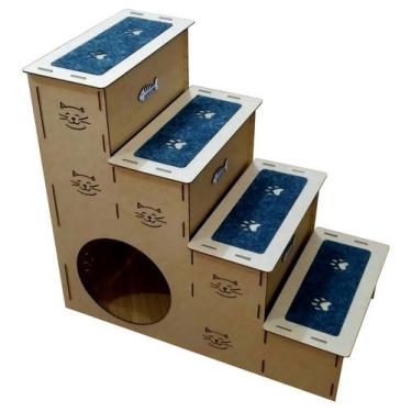 Imagem de Escada PET MDF 4 degraus com carpete e toca casa para gato 60cm - IMGR