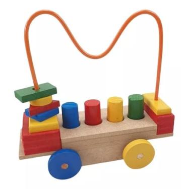 Imagem de Carrinho Aramado Pino Pedagógico Cilindro de Madeira Encaixe Parcinhas Brinquedos