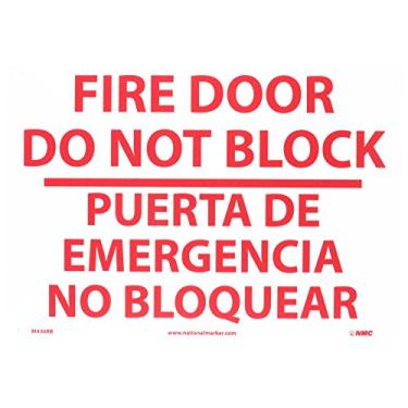 Imagem de NMC Placa de área restrita bilíngue M436RB, lenda "Fire Door DO NOT Block", 35,5 cm de comprimento x 25,4 cm de altura, plástico de poliestireno rígido, vermelho sobre branco