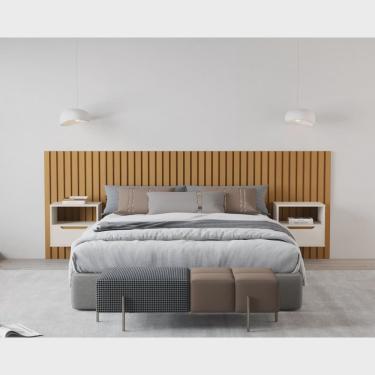 Imagem de Cabeceira Ripada Maracá Queen 267cm mdf/mdp com 2 Mesas de Cabeceira Jatobá