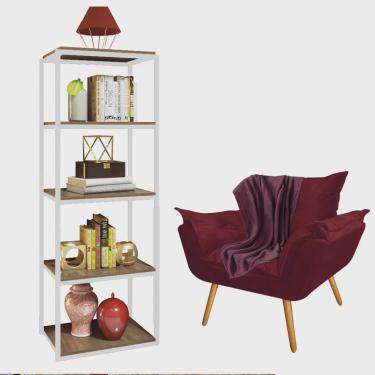 Imagem de Kit Poltrona Fatte com Manta Soft Bordô e Estante Livreiro Ferro Branco mdf Rústico Sue...