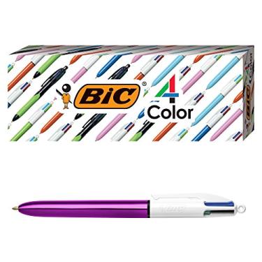 Imagem de BIC Caneta esferográfica brilhante de 4 cores, tubo roxo, ponta média (1,0 mm), tintas sortidas, 3 unidades