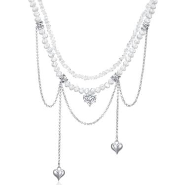 Imagem de KURTCB Y2k Colar de coração em camadas, strass, coração, contas, franja, colarinho, gargantilha para mulheres, free size, Strass Zinco, Sem Pedra Preciosa