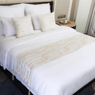 Imagem de Cachecol de corredor de cama de hotel com strass de veludo holandês com borlas cobertor de cama decorativo sem desbotamento protetor de colcha para cama de solteiro queen king size - bege|2 peças de