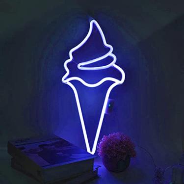 Imagem de HULIN Sinais de neon LED, placas de néon de sorvete de luz neon para decoração de parede com 8 modos de controle remoto de 18 teclas USB ou alimentado por bateria para casa, festa, crianças (azul)