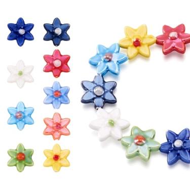 Imagem de Elecrelive 20 peças de contas de porcelana de flores coloridas impressas contas de flores de cerâmica 15-16 mm pingente espaçador de porcelana para pulseiras DIY brinco colar joias