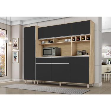 Imagem de Cozinha Compacta Brasil Com Paneleiro Armários, Balcões, Nicho, E Adega Nature/preto Fosco