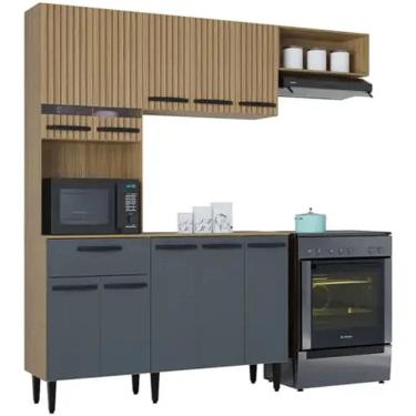 Imagem de Cozinha Dora Completa 4 Peças 10 Portas 1 Gaveta Poquema Cor Damasco Off White Ripado 3D